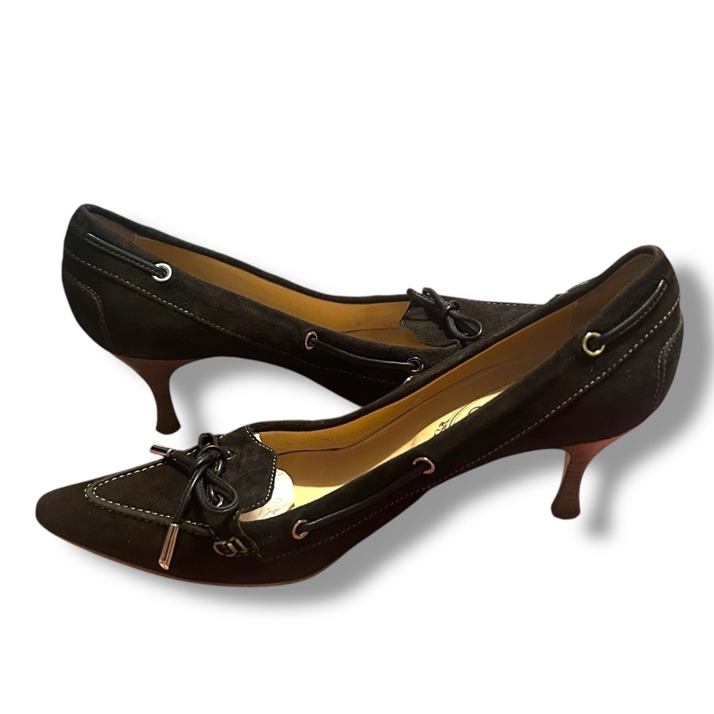 TOD'S 10.5 vintage brown suede pointed toe kitten heels pump tie bow‎ 90s Y2K